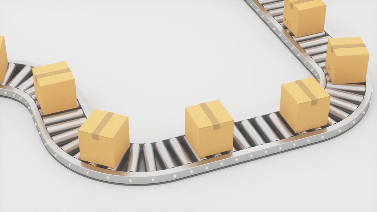 cajas que se mueven en la cinta transportadora, renderización en 3d.