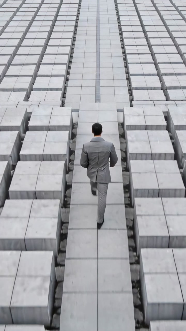 Vertical video: Walking man in suit starting walk down tiled walkway in yard, passing blocks, shoes