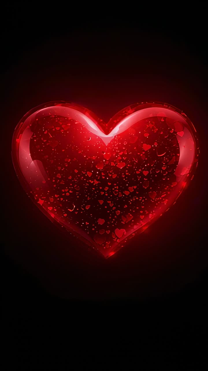 Video verticale: alone che sprigiona un cuore rosso cangiante con riflessi e macchioline fluttuanti su sfondo nero per un effetto brillante