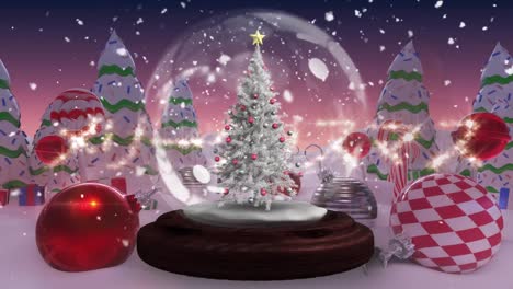 Merry-christmas-in-chinese-text-and-shooting-star-spinning-around-snow-globe-on-winter-landscape