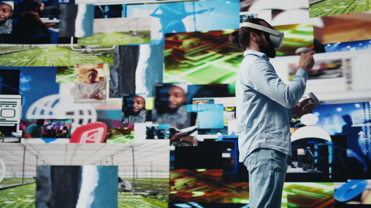 Young relaxed guy uses VR glasses for a 3d user interface design