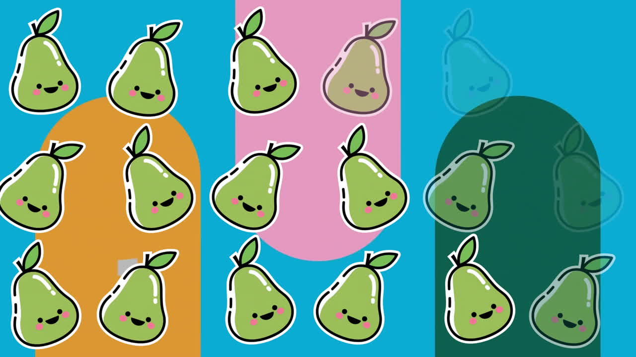 Animation of pear icons over colourful shapes on blue background