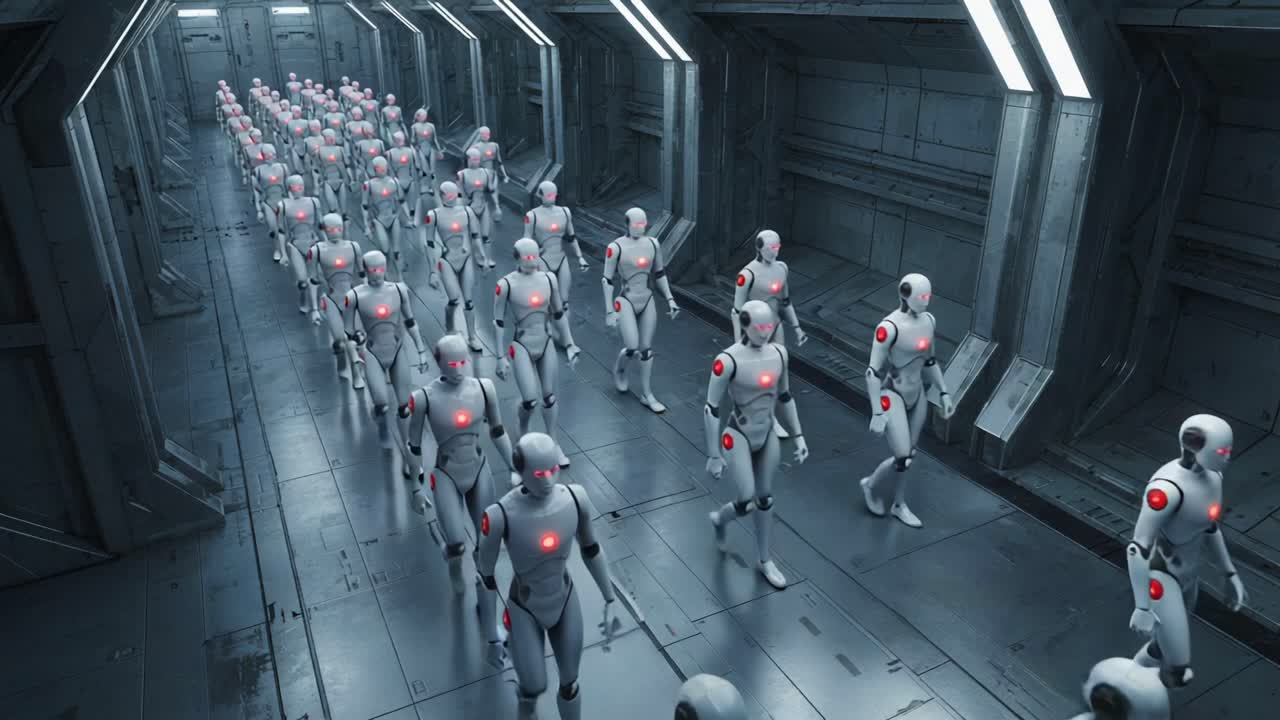 A futuristic assembly line filled with humanoid robots showcases the advanced technology and intricate design of artificial intelligence as they march in unison down a sterile corridor