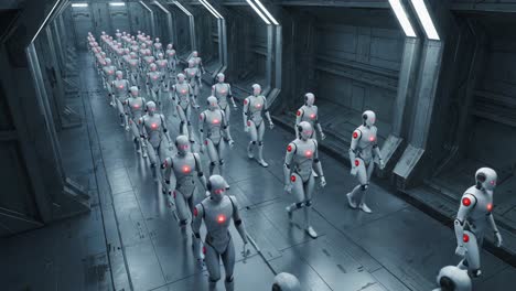 a futuristic assembly line filled with humanoid robots showcases the advanced technology and intricate design of artificial intelligence as they march in unison down a sterile corridor