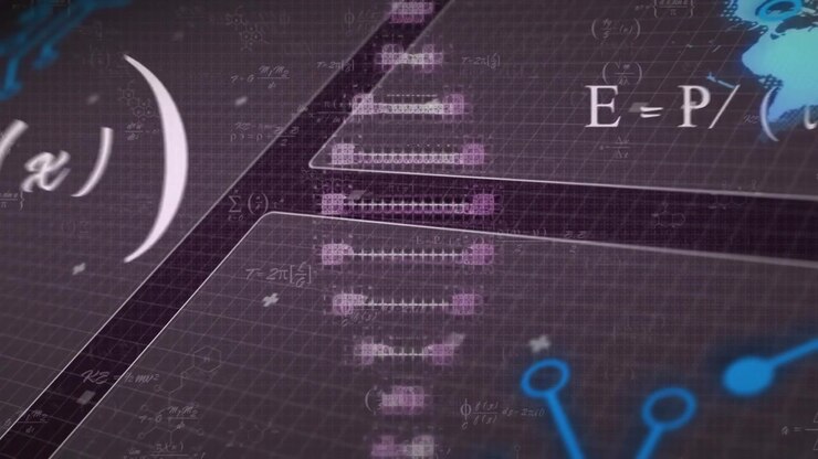 Scene opening showing data UI animating pixel bars, fading formulas and glowing icons for insight