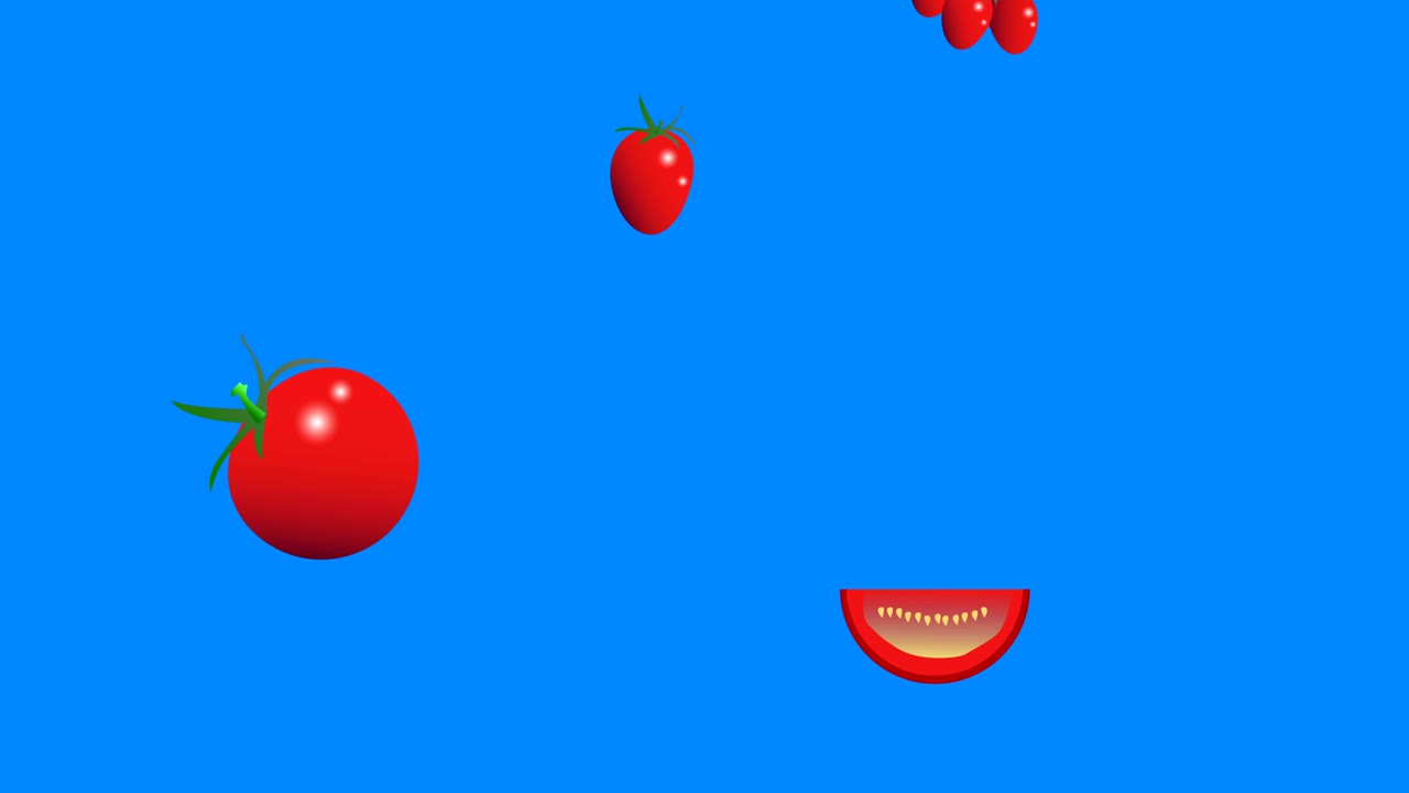 el grupo de tomates que caen elementos gráficos de animación, bucle sin costuras, pantalla azul clave de croma