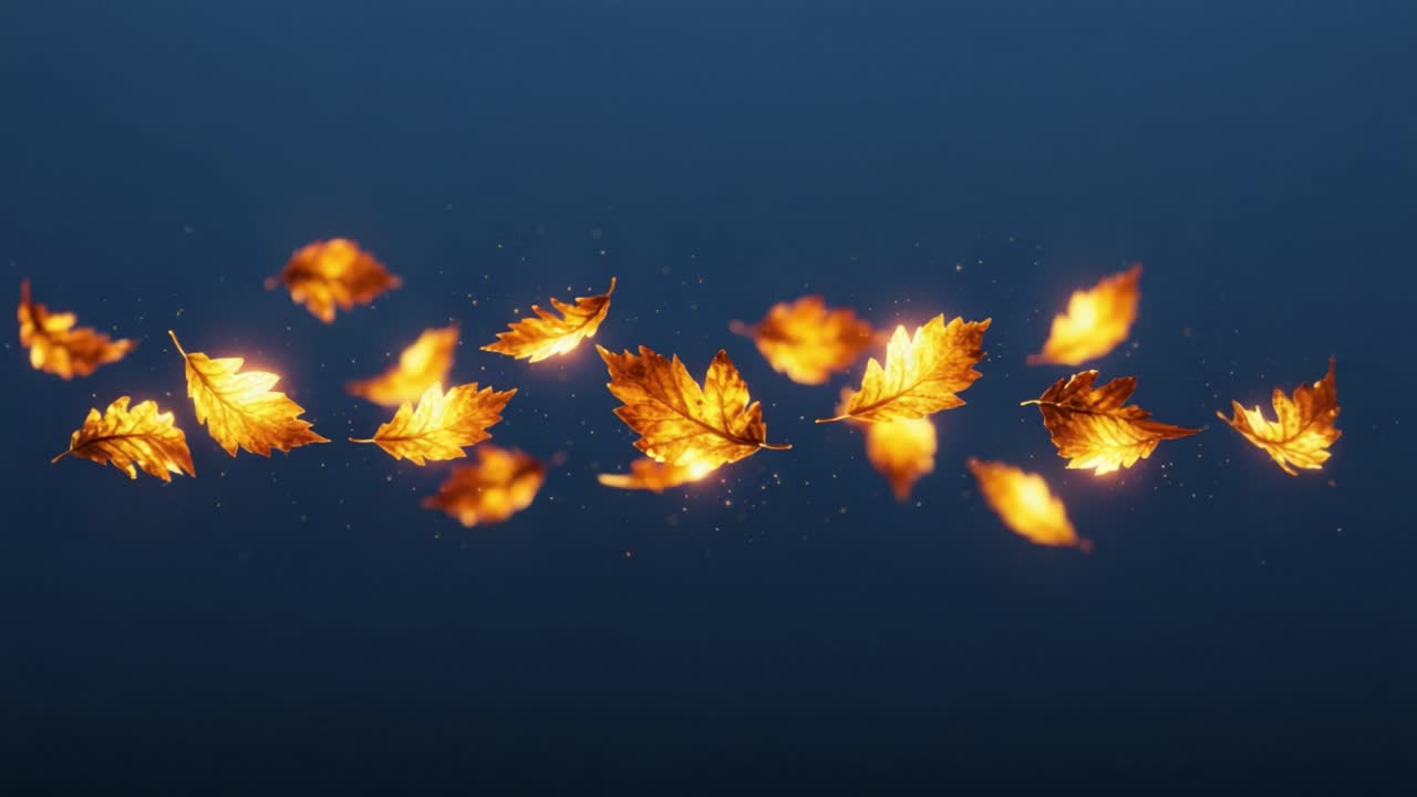 A Captivating Display of Golden Leaves Floating Gracefully Against a Deep Blue Background, Sparkling with Tiny Glimmers of Light in an Enchanting Autumn Scene