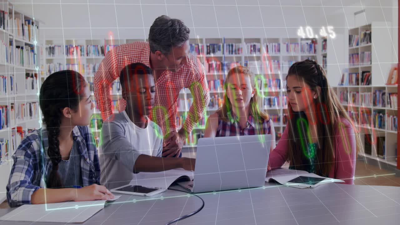 Tutor leaning pointing at laptop urging student typing notes for finance review with graphs overlay