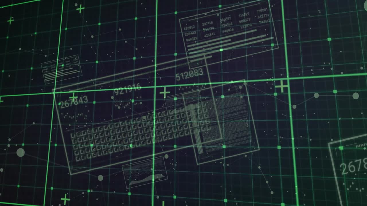 Keyboard schematic fading, data panels updating and drifting showing live flow across grid