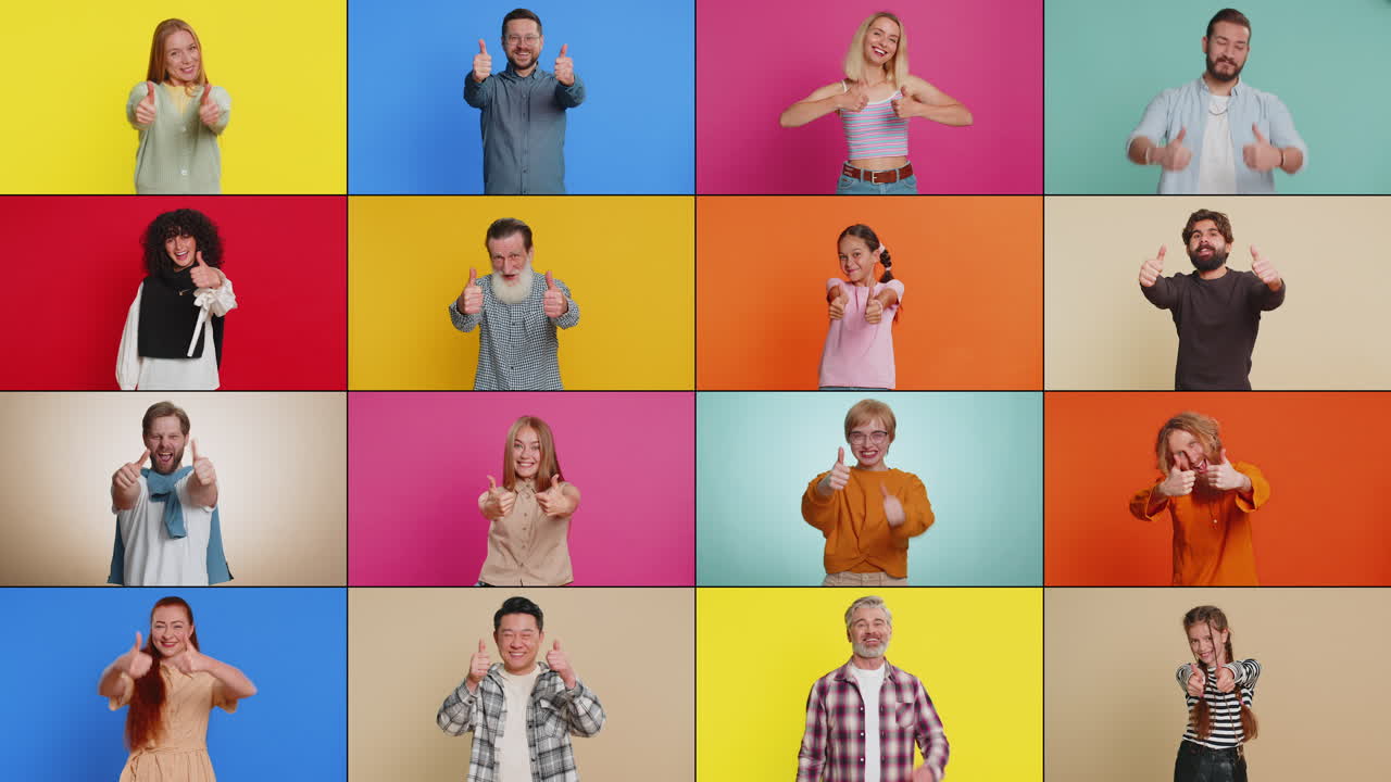 collage de diversas personas felices y sonrientes mostrando los pulgares hacia arriba como un signo positivo buena retroalimentación positiva
