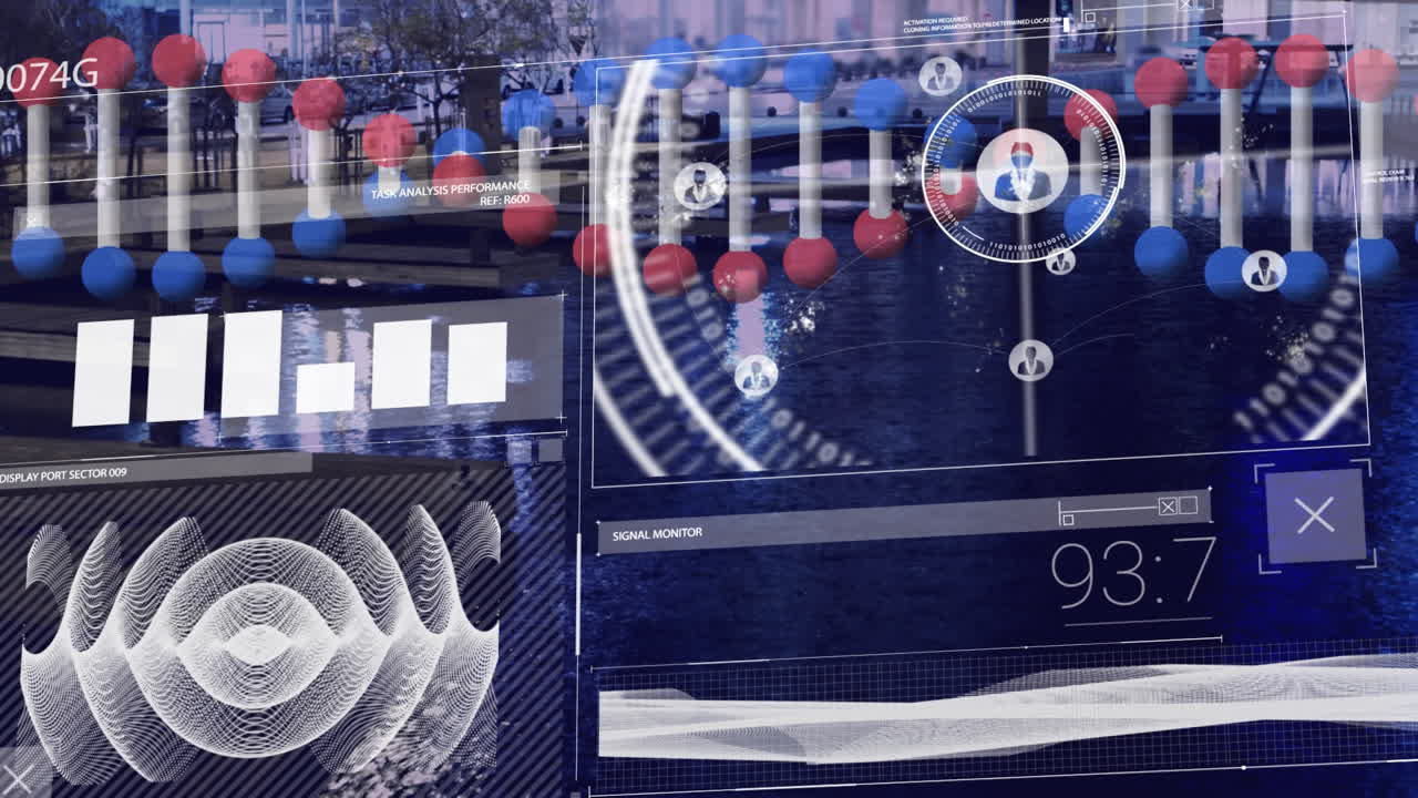 도시 풍경 위의 디지털 스크린에서 dna와 데이터의 애니메이션.