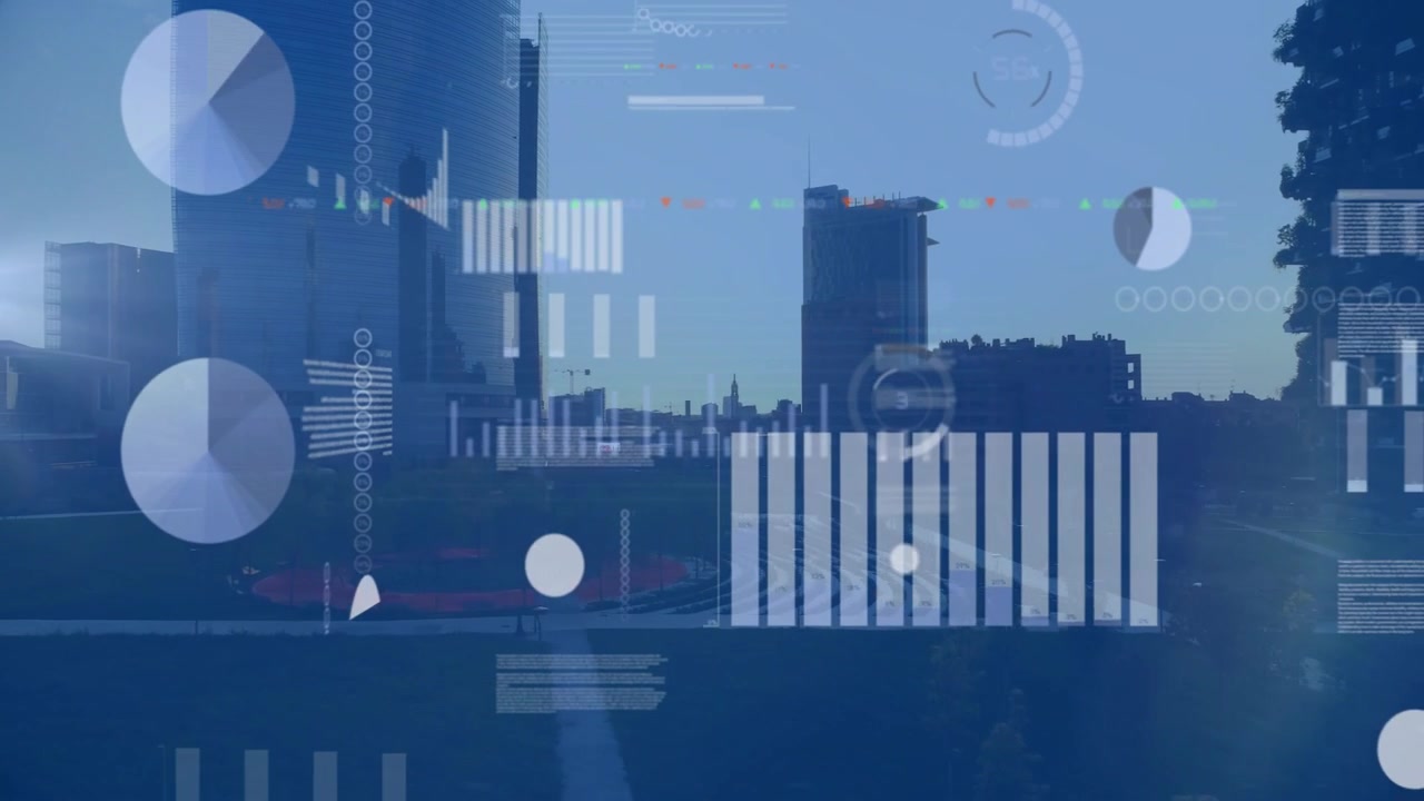 Sun lowering behind midrise, HUD graphics growing, settling and forming analytics HUD over skyline