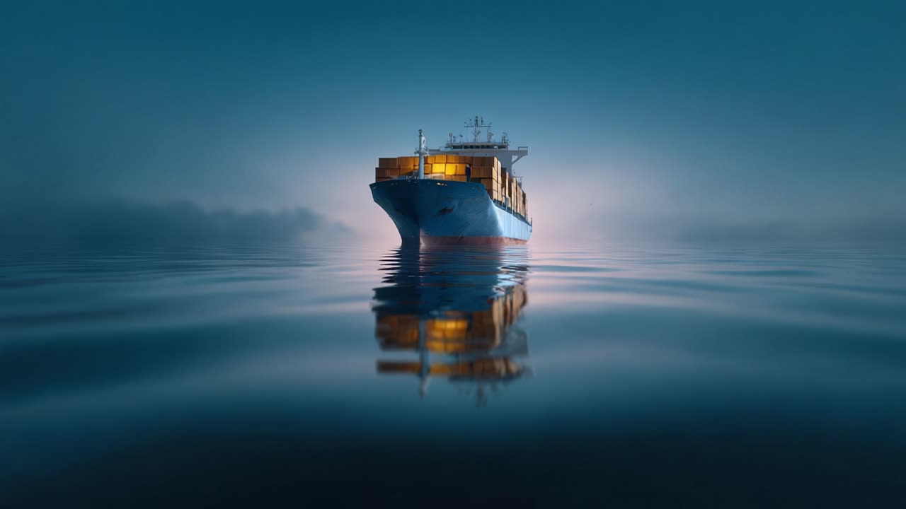 Mysterious Container Ship Navigating Through Misty Waters with a Serene Reflection in the Calm Ocean at Dawn, Evoking a Sense of Adventure and Exploration