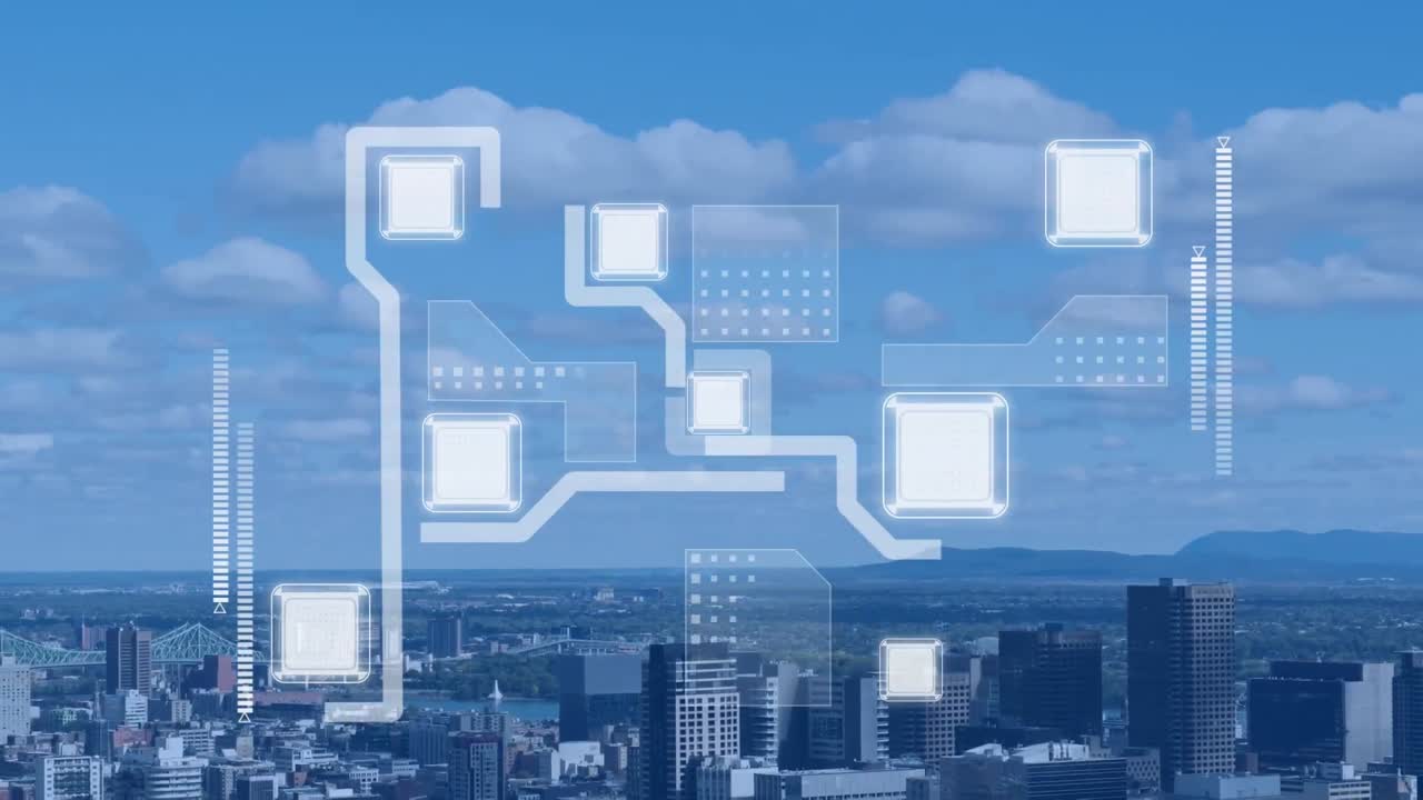 도시 풍경 위에서 움직이는 모양의 애니메이션