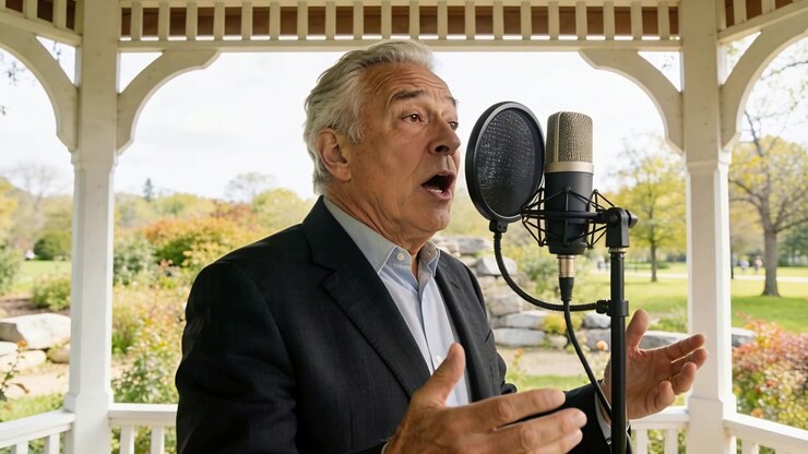 Inizio registrazione: un cantante anziano in completo canta nel microfono con filtro anti-pop in un gazebo, curando il fraseggio.