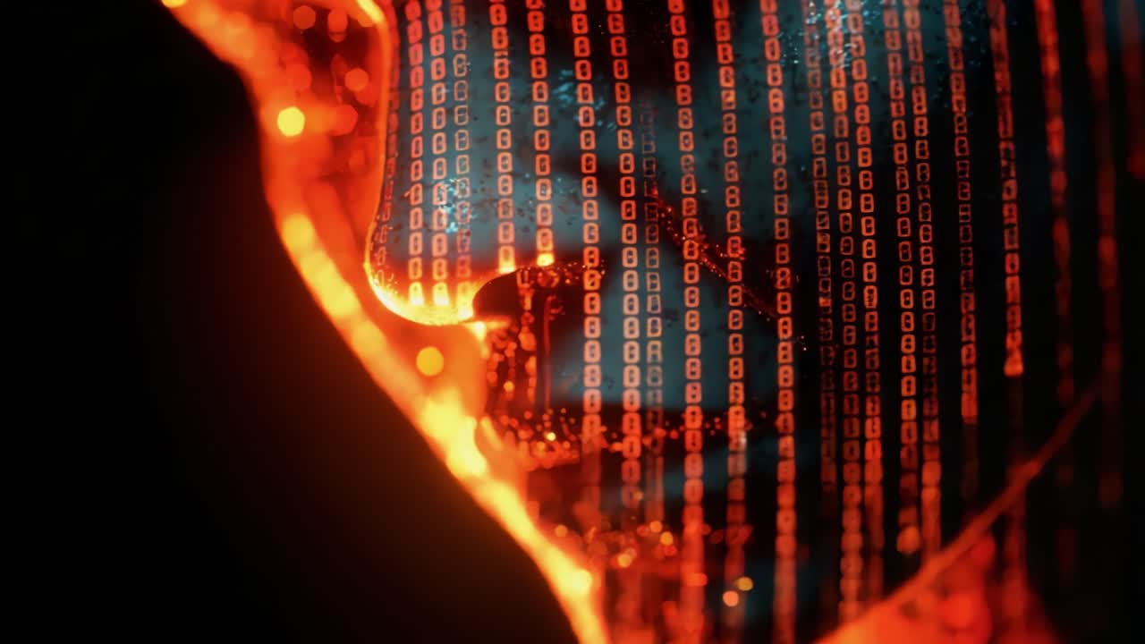 A mesmerizing exploration of digital identity and artificial intelligence is illustrated through the intricate interplay of glowing binary codes and a human-like silhouette in a striking visual representation