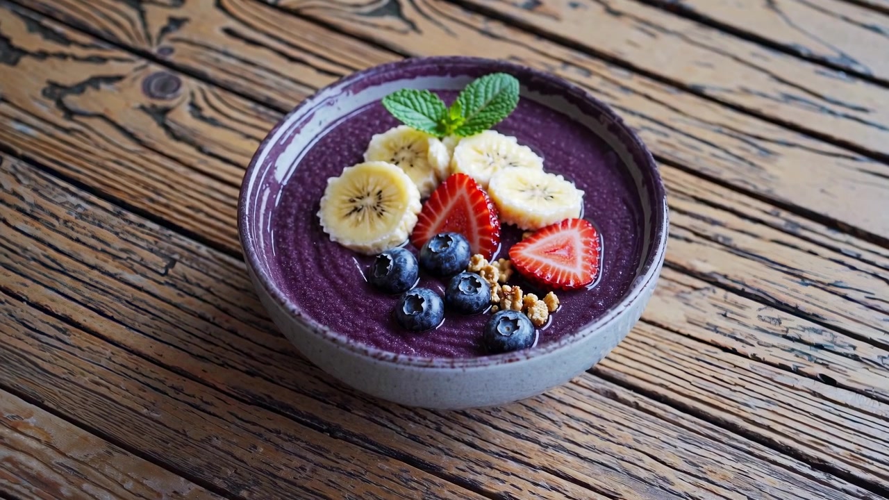 Ciotola di smoothie all'açai vivace guarnita con frutta fresca e granola