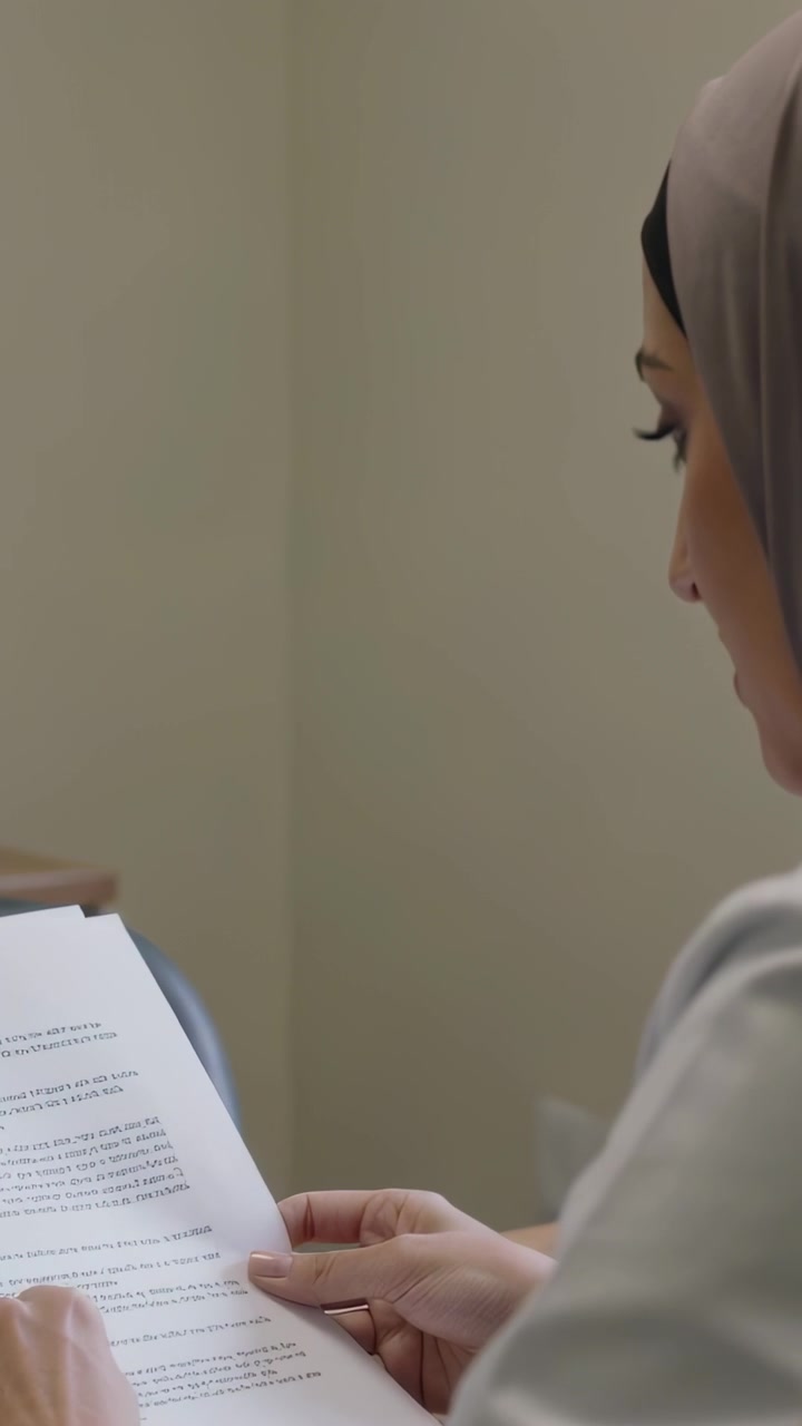 Video verticale: Donna con hijab e blazer che tiene una pila di documenti e esamina un testo alla scrivania, con spazio per il testo