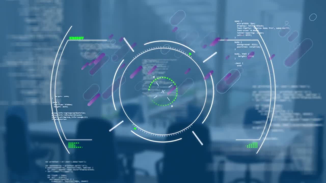 animación de escaneo de alcance y procesamiento de datos sobre una oficina vacía