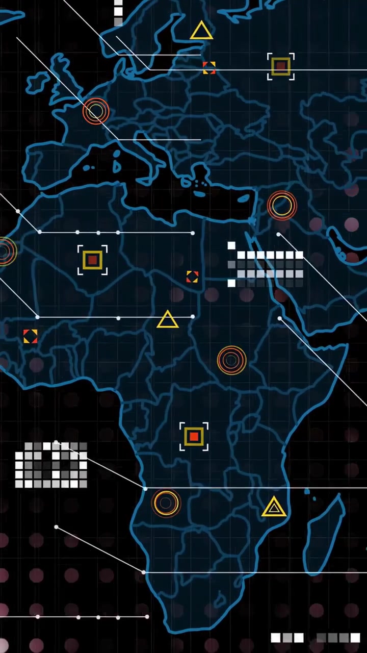 Vertical video: Neon map outline fading in, causing markers to pulse, link, and show key areas