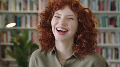 portrait of cute young librarian woman standing in library attractive student smiling close up laughing