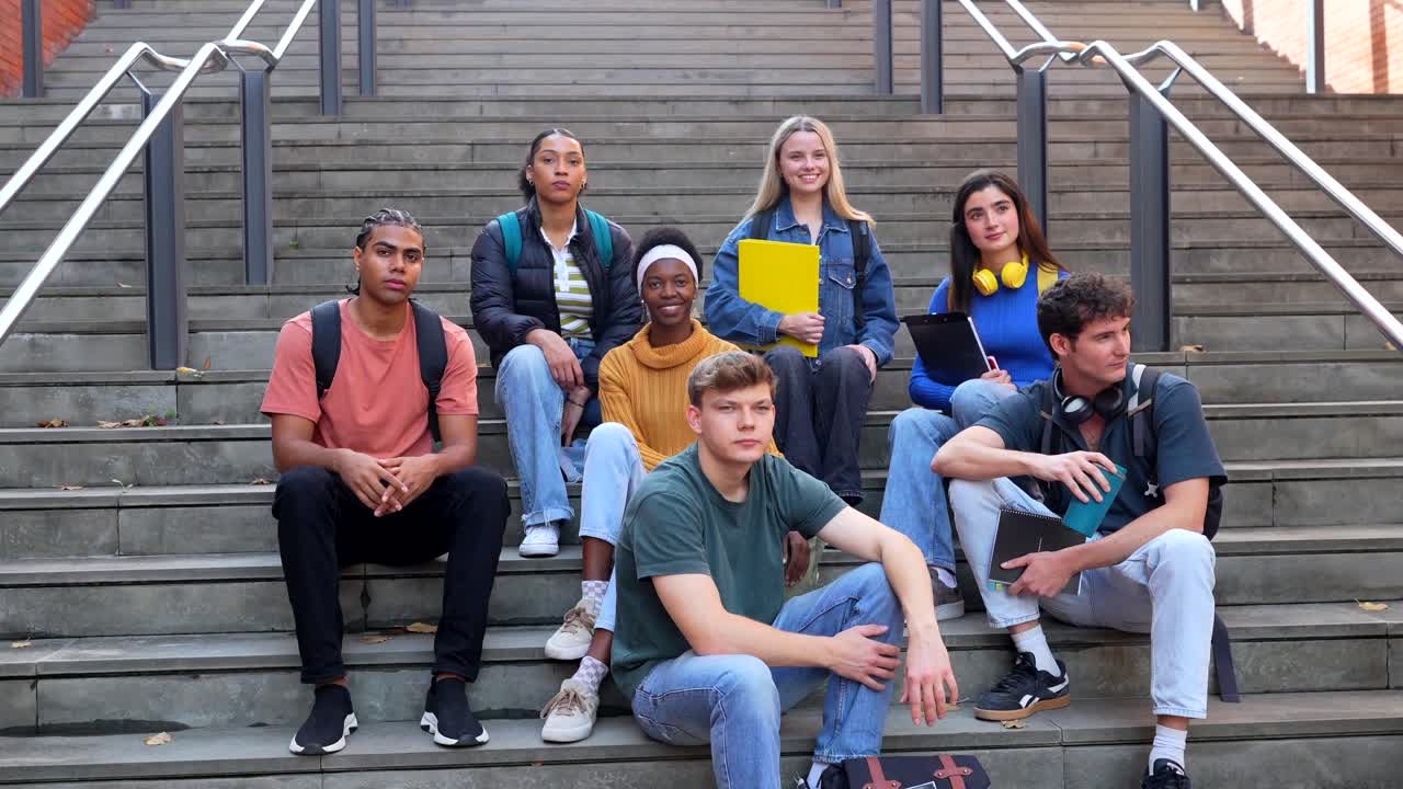 Gruppe af forskellige studerende, der sidder på universitetets trapper