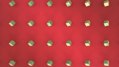 Bewegende-Grüne-3D-Würfel,-Die-Sich-Auf-Rotem-Hintergrund-Bewegen
