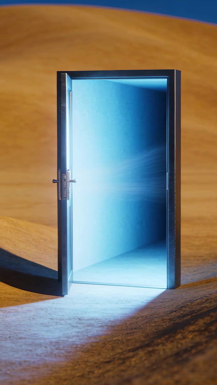 Video vertical: Puerta abriéndose con bisagras y manija balanceándose entreabierta en dunas, mostrando una luz azul