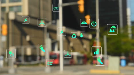 animación de múltiples iconos sobre autobuses borrosos que se mueven por la calle en la ciudad