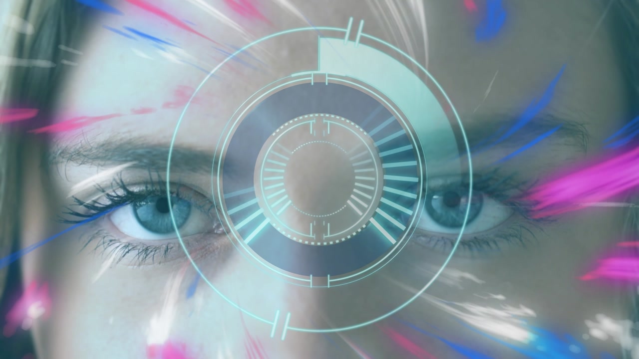 Animation of shapes and scope scanning over eyes of caucasian woman
