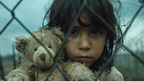 sad child with teddy bear behind fence