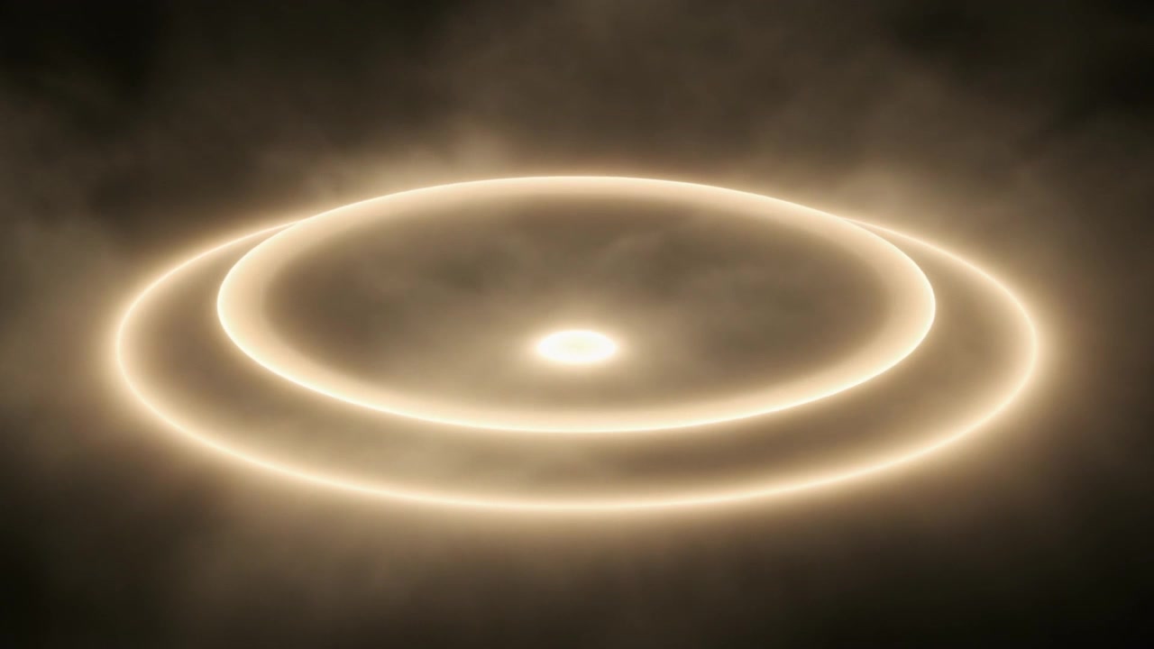 Anelli dorati luminosi che si espandono in un'atmosfera scura e fumosa