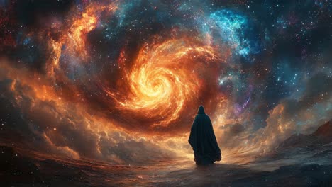 a figure contemplates a spiral galaxy