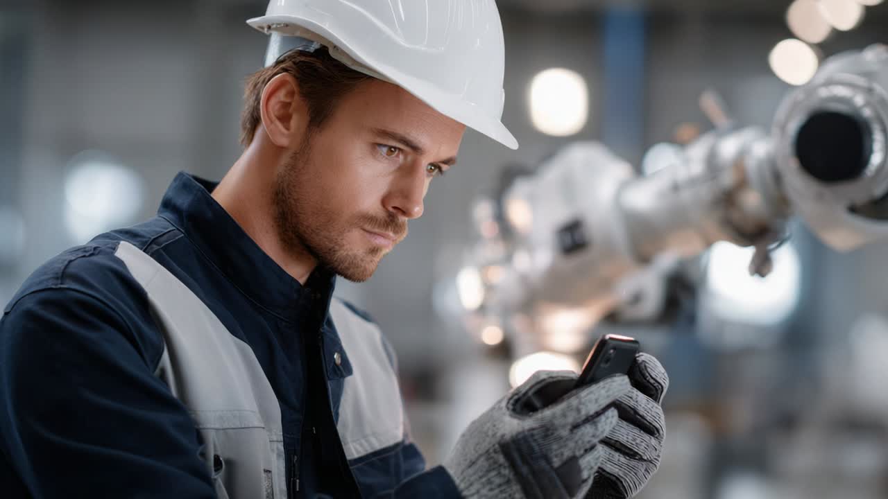 Ingegnere che usa lo smartphone in fabbrica