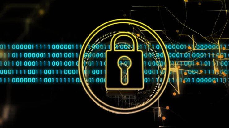 Animation of data processing over shapes and padlock