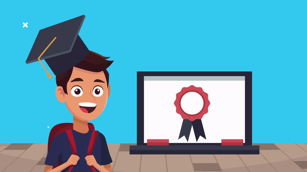 back to school animation with schoolboy using laptop