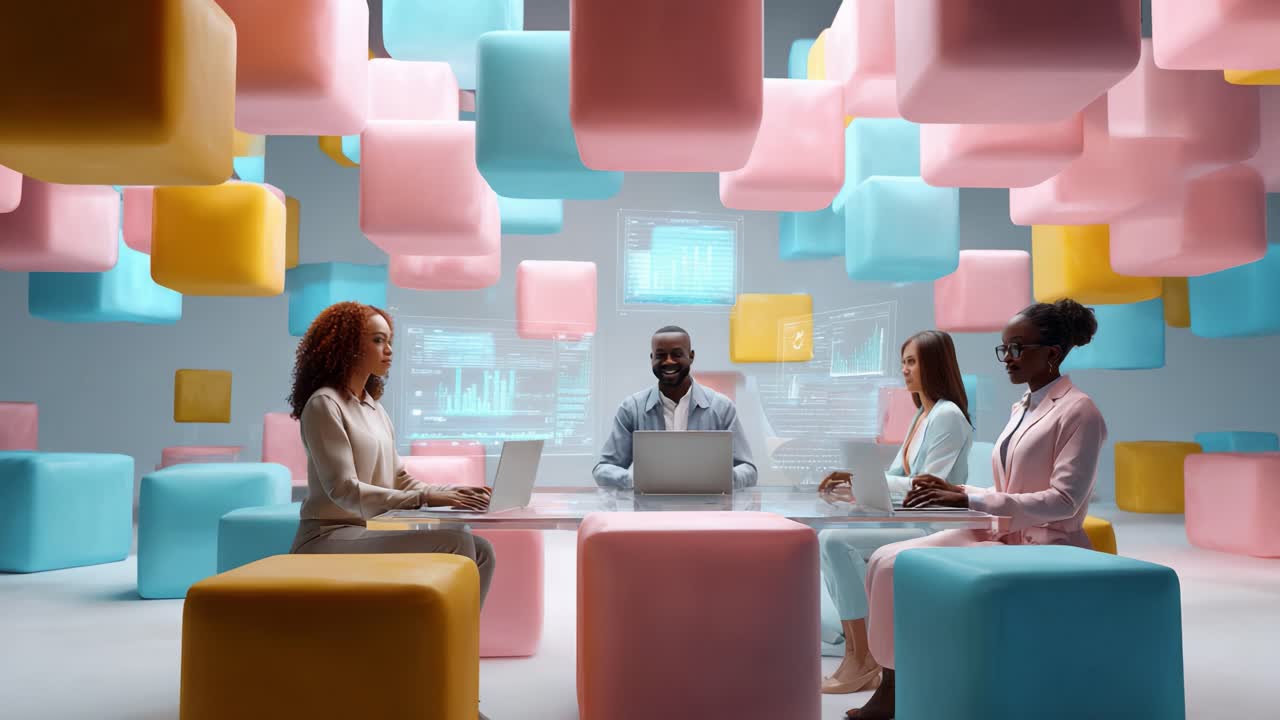 A Diverse Team Collaborating in a Modern Office Environment Surrounded by Colorful Cubes, Focused on Data Analysis and Creative Solutions for Business Challenges