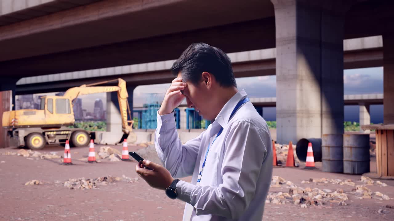 高速道路建設現場でスマートフォンを手に立つアジア人男性作業員のサイドビュー。彼はがっかりしながら、首を縦に振って確認しています。