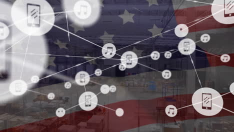 animation of network of connections over flag of usa and city