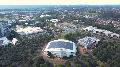 aerial drone view of norwest business park in the suburbs of norwest and bella vista in the hills shire, sydney, nsw