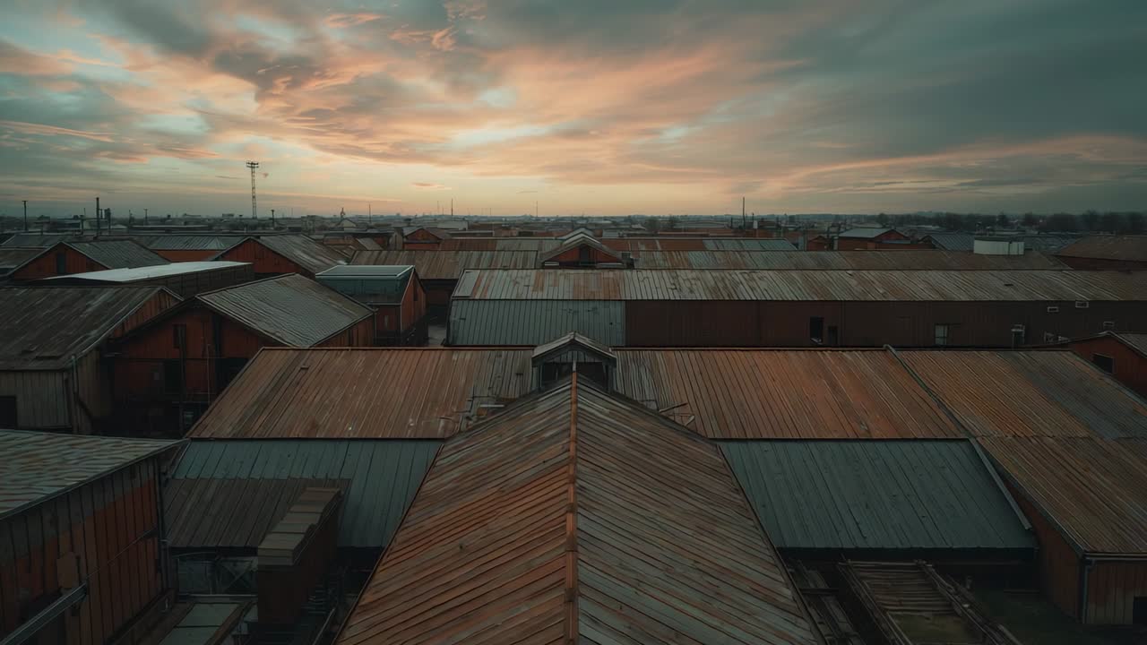 Hovering aerial camera capturing corrugated metal roofs at dusk as sun sets, revealing dusk hues