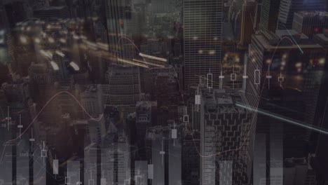 animation of financial data processing over cityscape