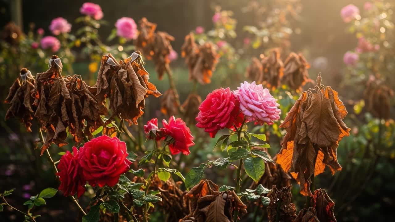 Der Kontrast von Leben und Verfall: Lebendige Rosen inmitten der welkenden Schönheit des Naturkreislaufs, eingefangen in einer ruhigen Gartenumgebung während der goldenen Stunde.