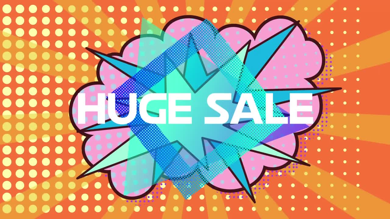 노란색과 오렌지색 배경에 대한 연설 거품에 거대한 판매 텍스트