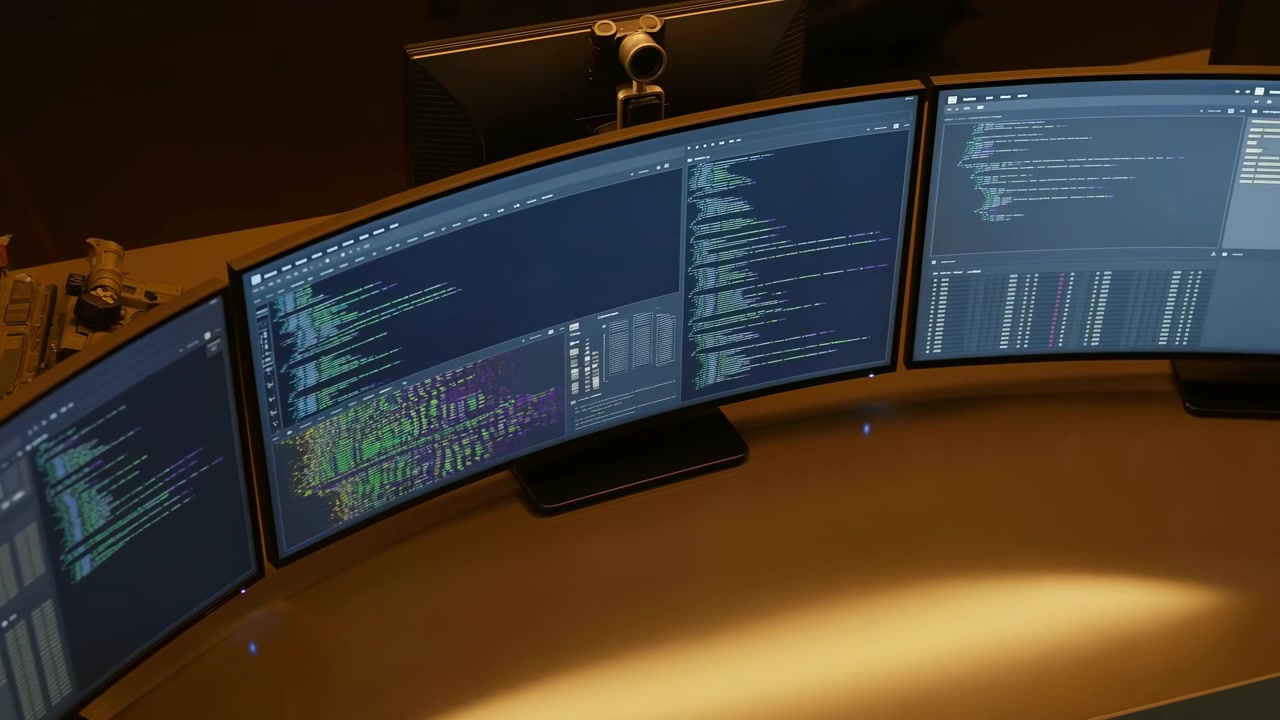 Dim technology workspace in a home office, viewed from above and slightly to the side, with multiple curved screens showing programming text on a wooden desk