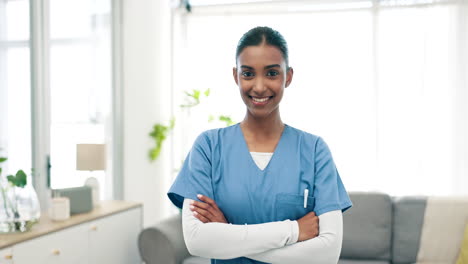 smile, crossed arms and face of woman nurse