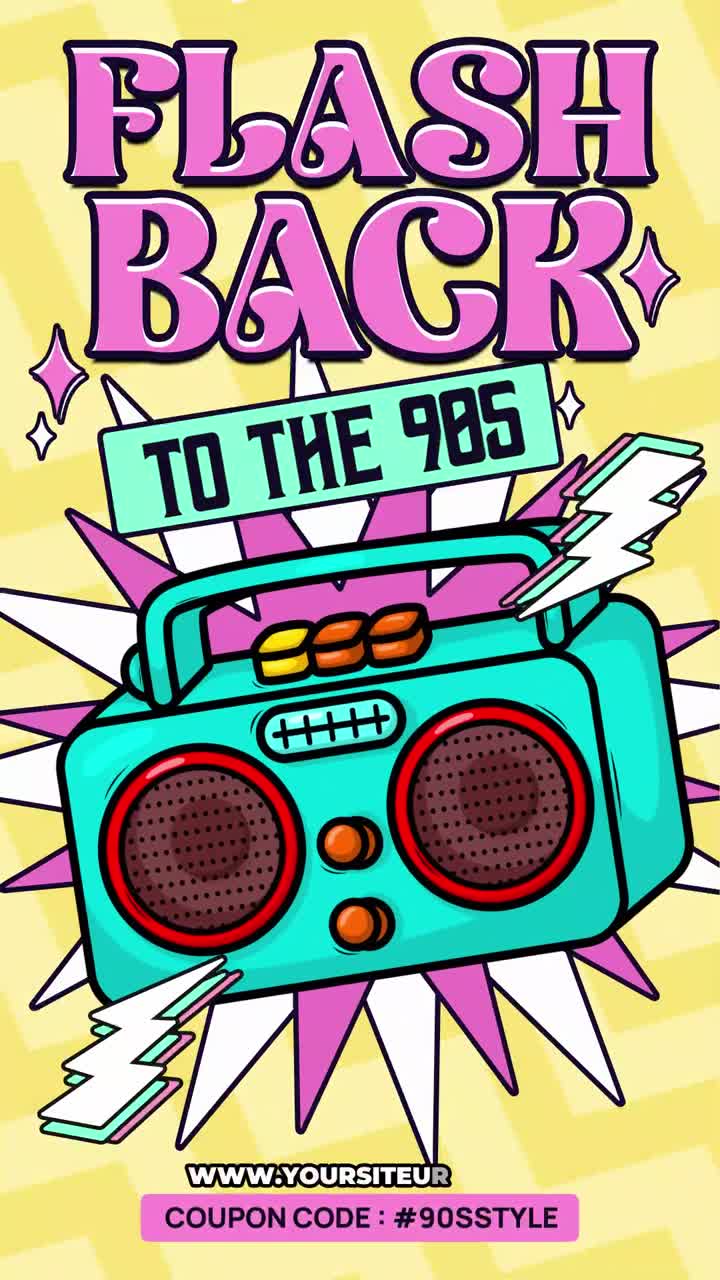 Boombox retrò animato con testo 'Flashback agli anni '90'