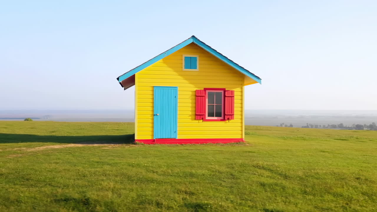 Lebendiges kleines Haus auf einem grünen Grashügel unter klarem Himmel.