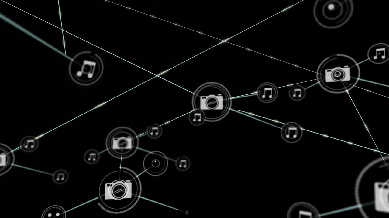 flechas que apuntan hacia arriba con iconos multimedia y animación de conexiones de red