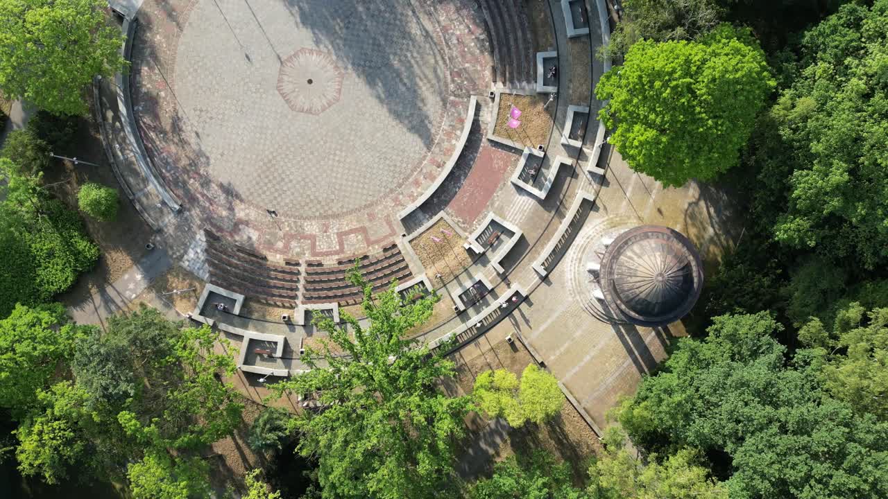 울창한 초록색과 풀로 둘러싸인 아름다운 여름날에 실레시아 공원에서 춤추는 서클 - 드론 4k